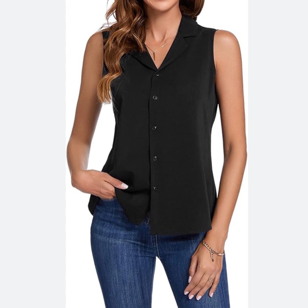 Anne Klein Black Collared Button Down V-Neck Blou… - image 1